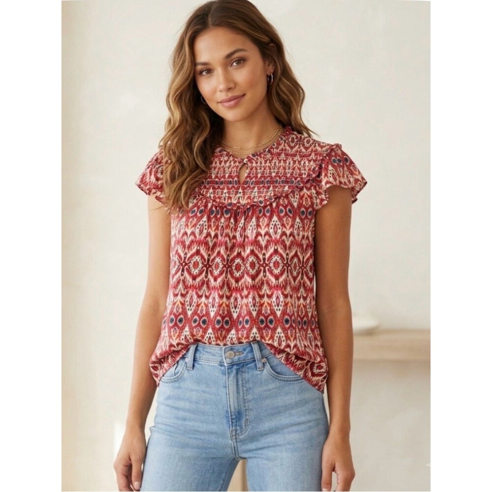 Rose & Olive Boho Smocked Flutter Sleeve Tribal Print Blouse SZ L Western Aztec